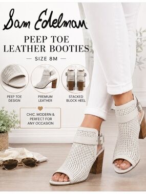 Sam Edelman Ivory Leather Peep Toe Booties Size 8M